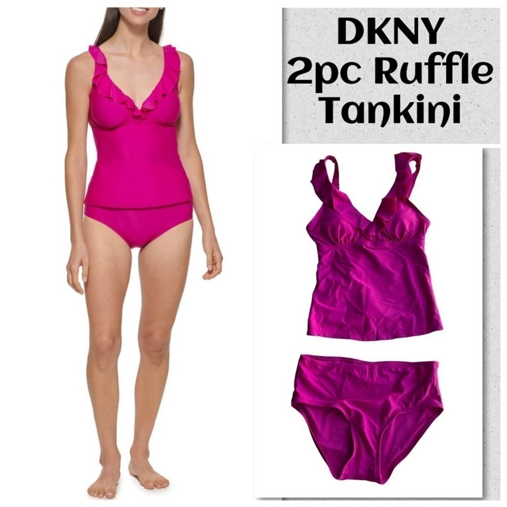 DKNY RUFFLE 2pc Tankini Swimsuit Fia Hot Pink Small Full Coverage UPF SPF NWT
